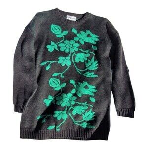 Jonathan Cass Womens Acrylic Sweater Pullover Floral Rib Knit 3/4 Sleeve Green